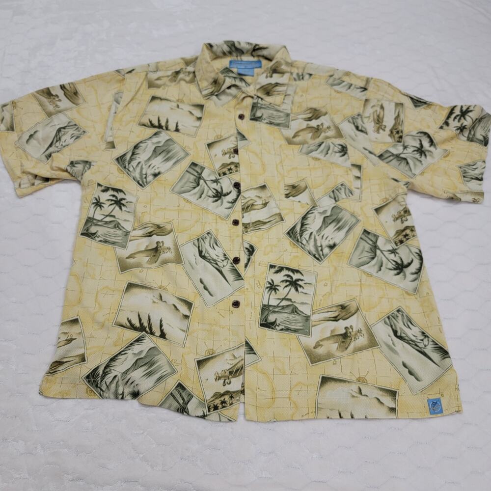 Bermuda Bay 100% Silk Shirt XL Vintage Aviation Biplane Map Tropical Aloha Camp